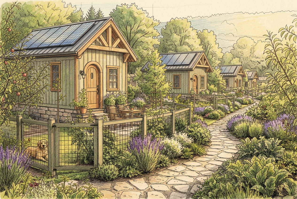 A welcoming community home space with warm light, plants, and shared gathering areas.